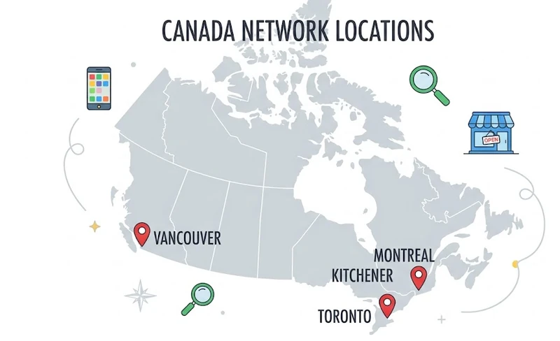 Map of Canada showing local SEO importance in Kitchener, Toronto, Montreal, and Vancouver