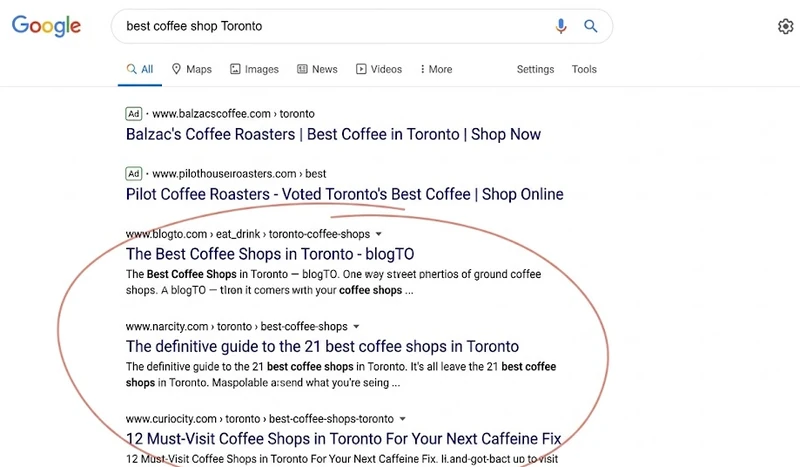 Google search results showing paid ads at top and organic results below