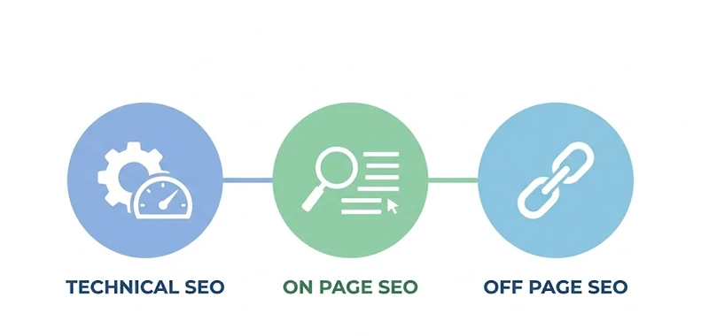 Diagram showing the three pillars of SEO: Technical, On Page, and Off Page. What Is SEO for Canadian Businesses