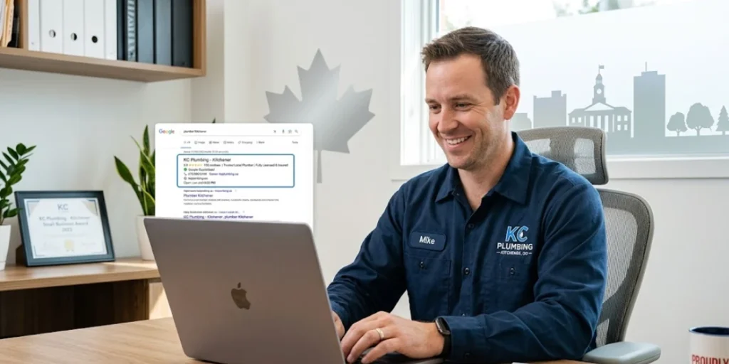 Canadian small business owner checking Google search rankings on a laptop