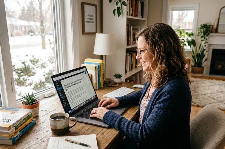 Small business owner writing a helpful blog post on a laptop to build authority and attract local Ontario customers through content marketing
