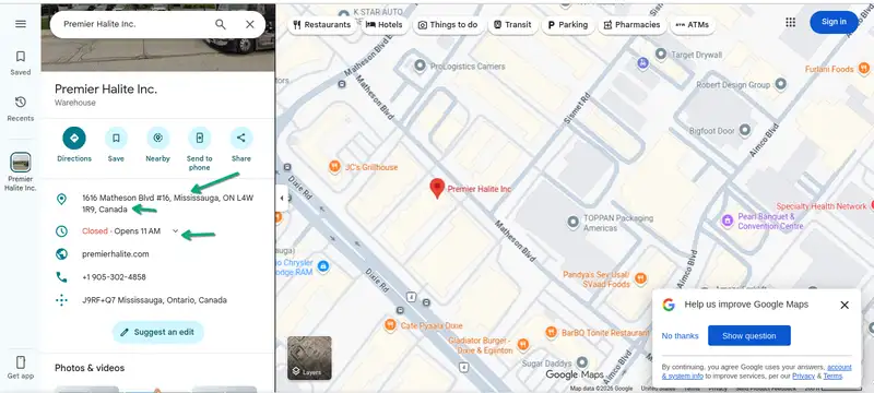 Google Local Pack displaying three himalayan salt lamp stores in Mississauga Ontario with map ratings and business information