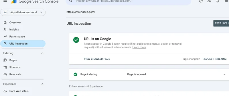 google search console connected showing in image