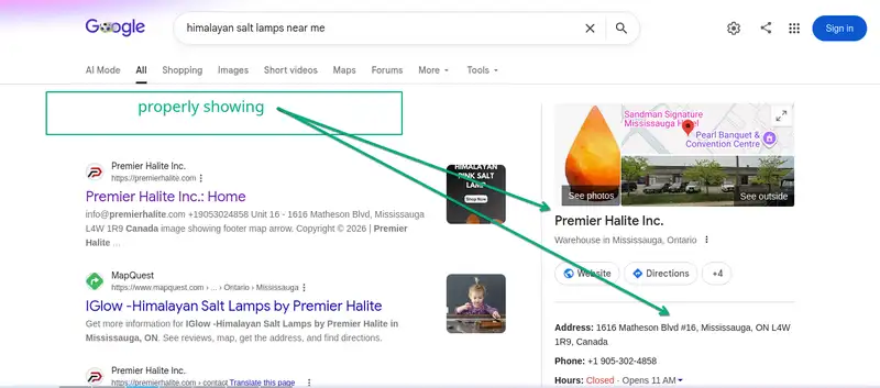Google local pack showing Premier Halite in Mississauga Ontario salt lamp store near me search results with map