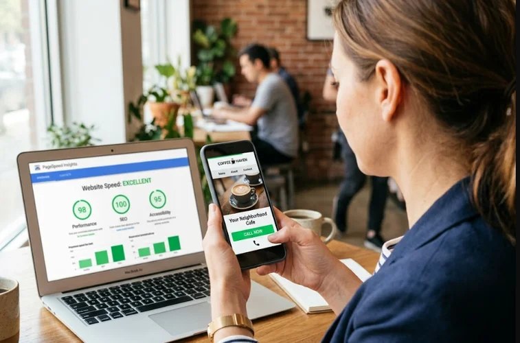 Small business owner checking a fast, mobile friendly website on a smartphone to ensure good SEO fundamentals