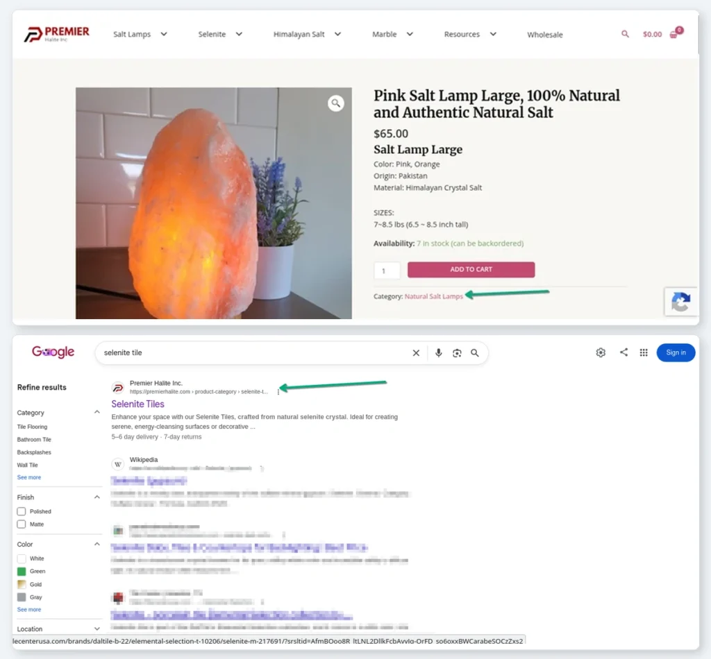 Product page showing unique description, customer reviews, and star ratings in search results