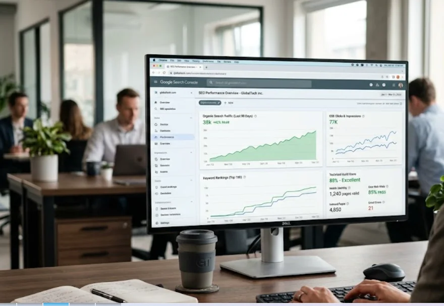 Technical SEO audit dashboard showing website health metrics, AI search visibility scores, and revenue growth indicators