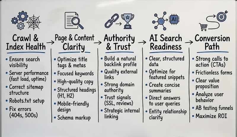 Technical Visibility Recovery Matrix showing five pillars: Crawl Health, Content Clarity, Authority Signals, AI Readiness, and Conversion Path with prioritized action items