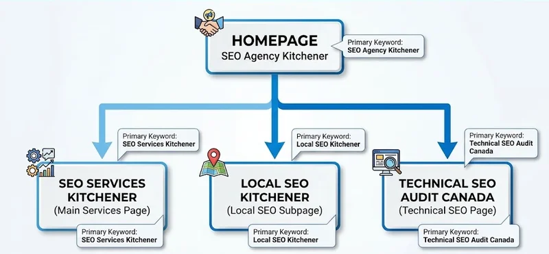 Example keyword map showing an SEO agency website structure with primary keywords assigned to each page