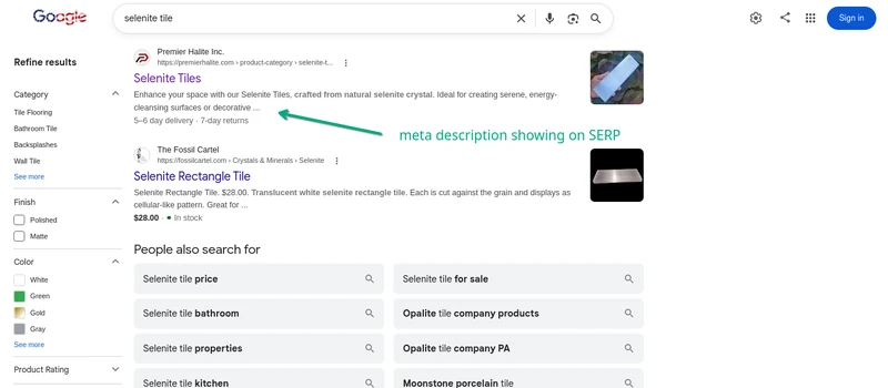 meta description showing on serp