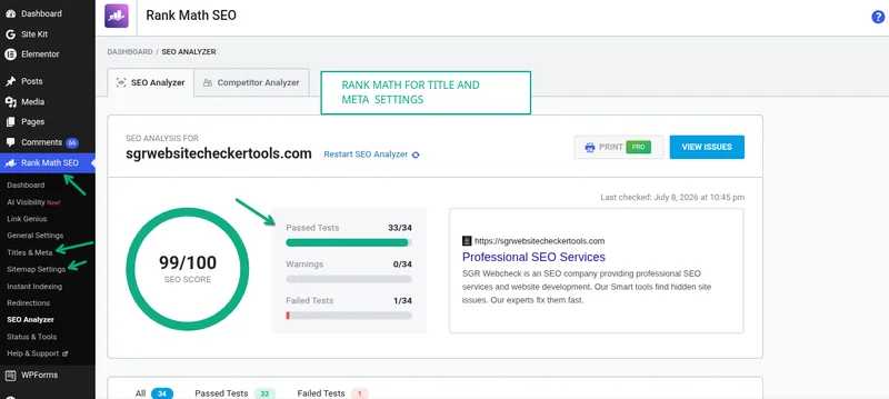 rank math plugin showing seo results in wordpress